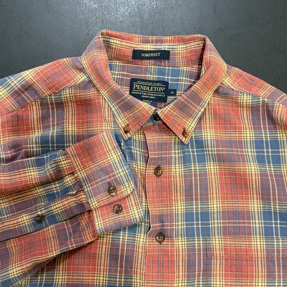 Pendleton Somerset Mens XL Red Blue Plaid Button Up Long Sleeve‎ Shirt